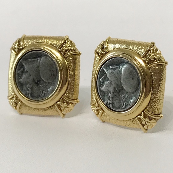 1928 Ancient Coins Framed Roman Greek Mixed Metal Gold Silver Clip On Earrings - Picture 7 of 13